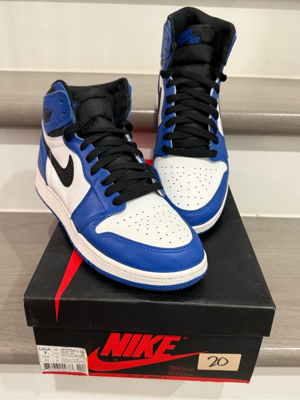 NIKE Air Jordan Retro 1 High OG White/Blue/Black GS Size 7 Game Royal Sneakers